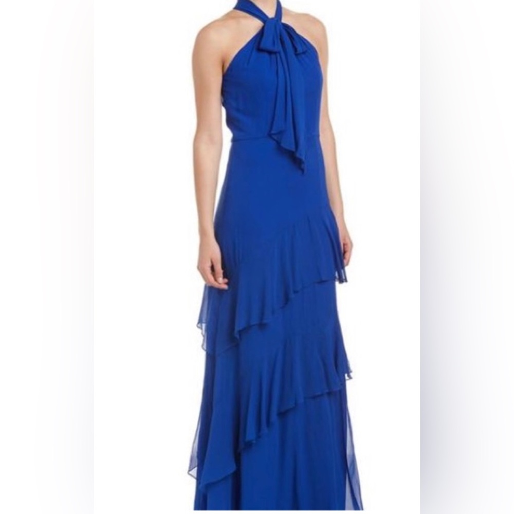 Theia Tiered Silk Long Gown Lapis Blue Formal Dress Mother of Bride Size 10